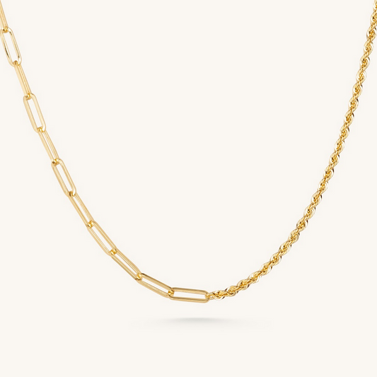 14KT Yellow Gold 50/50 Paperclip and Rope Chain Necklace - 18"